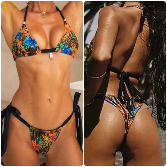 Pretty Woman Boutique Other - Tropical Floral Animal Print Halter Tie Sides Cheeky Bikini Set